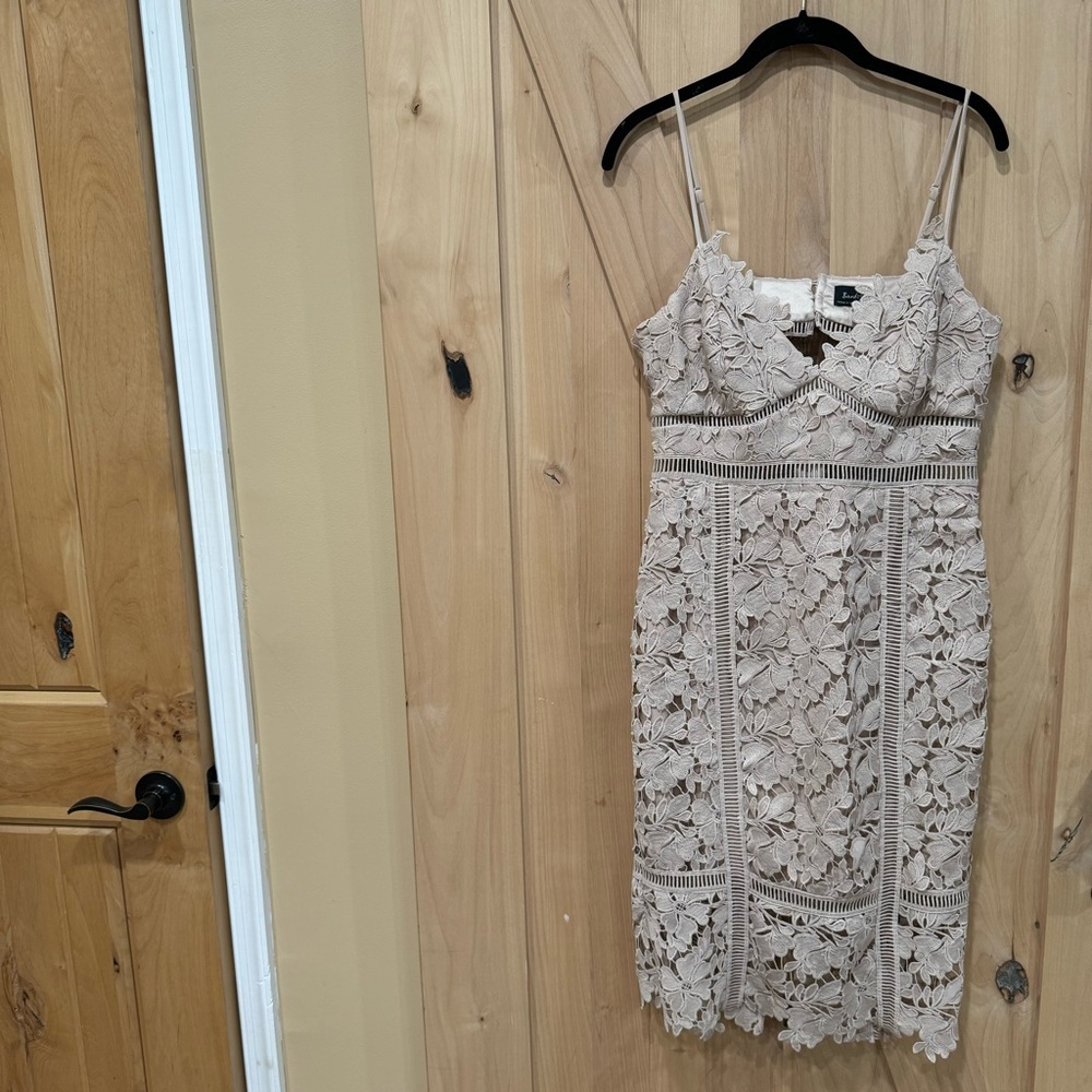 Bardot Botanica Lace Midi Dress Size 8 Nude Beige Floral Overlay Ladder Lace - Picture 3 of 16